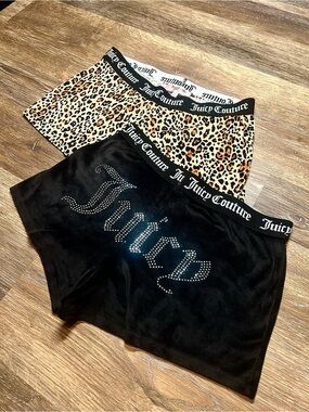 Juicy Couture Leopard Print & Black Logo Rhinestone Shorts Set
